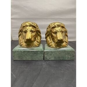 Decorative Crafts Brass Lion Head Bookends Green Marble Base MCM #2079 Korea Vtg